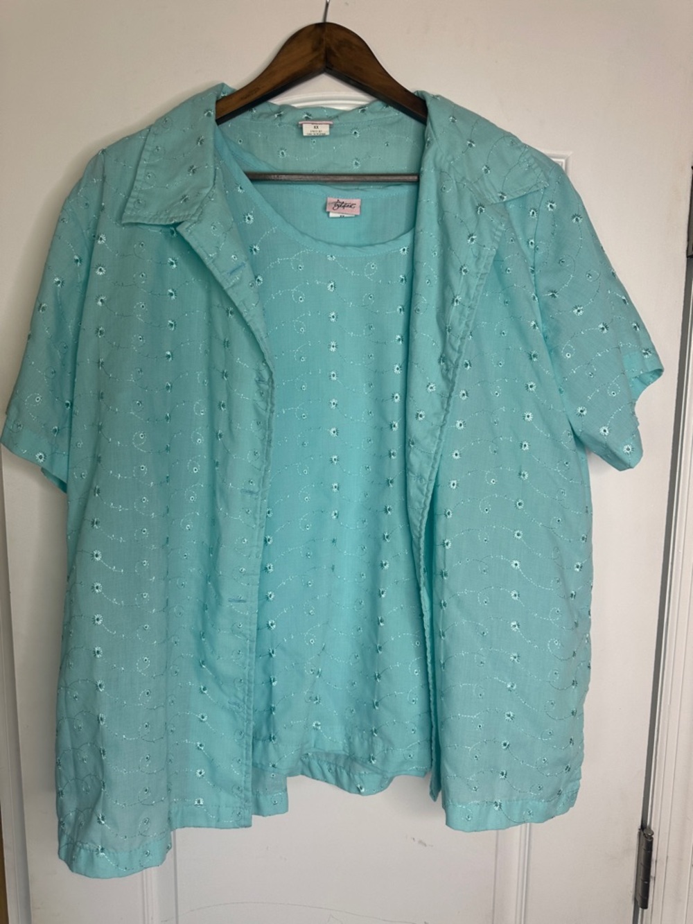 Vintage Adrian Dilefield Light Aqua Eyelet Embroidered Two-Piece Top Set